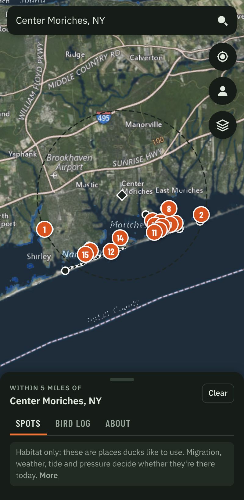 Puddle Duck Finder on a phone: ranked duck spots around Center Moriches on an aerial map