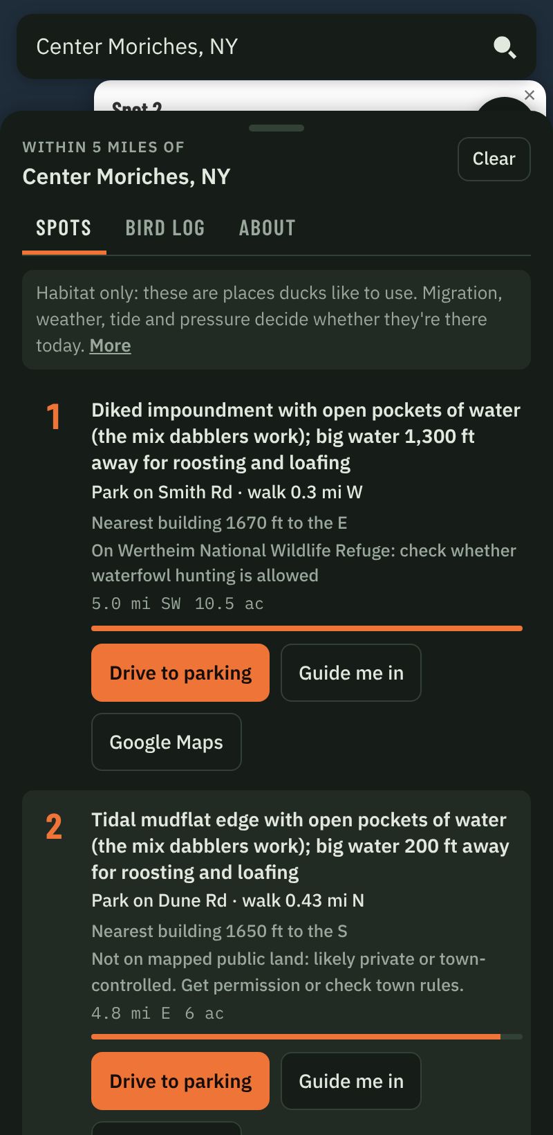 Puddle Duck Finder spot list: reasons each spot ranks, where to park, the walk in, the nearest building and who owns the land